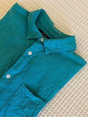 MARC ANTHONY Linen-Cotton Blend Slim Fit Short Sleeve Button Down Shirt - L